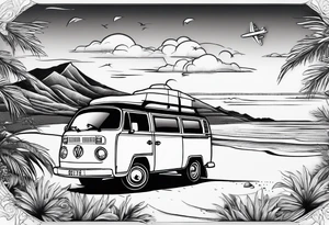 Beach with hills behind a rugby ball, champagne bottle, book on the beach, a plane in the sky and a campervan on the beach tattoo idea