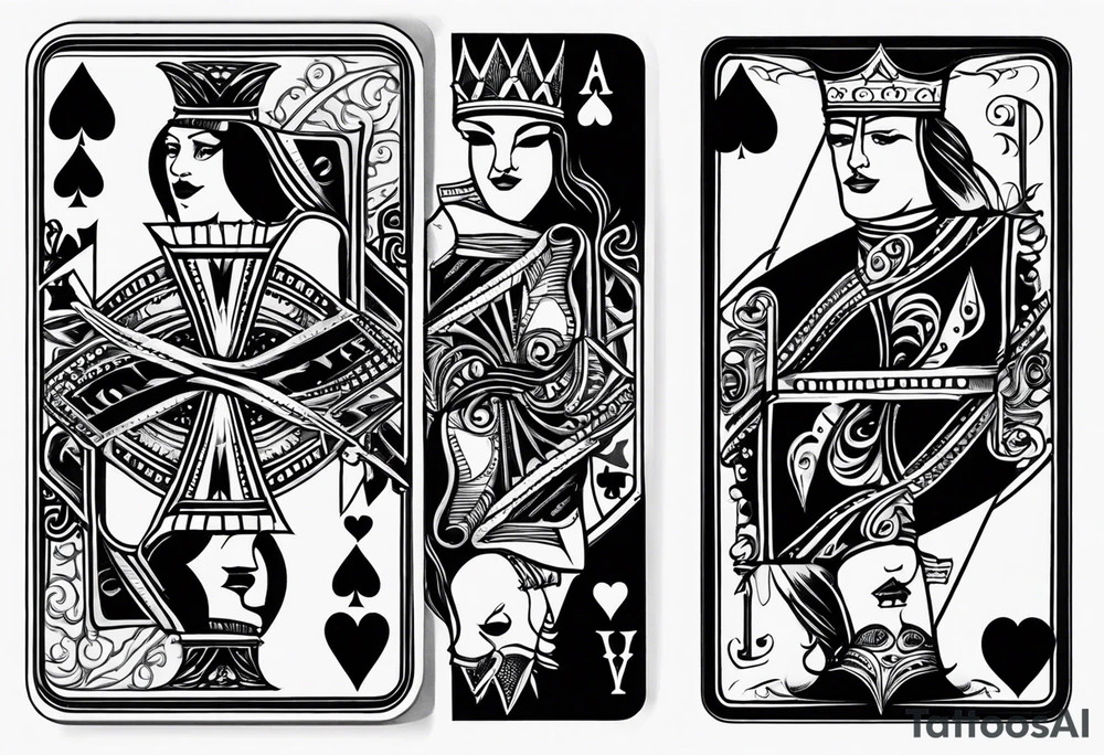 one playing card with both queen of hearts and king of spades incorporated in extreme minimalistic style tattoo idea