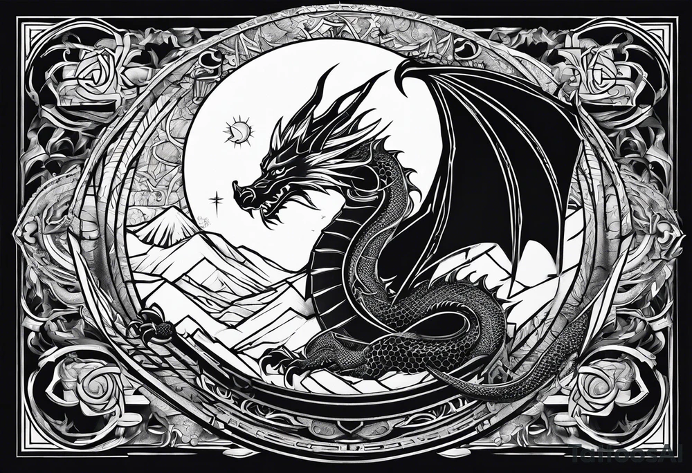 Dragon roman empire structures straight lines sun moon tattoo idea Dragon roman empire structures straight lines sun moon tattoo idea