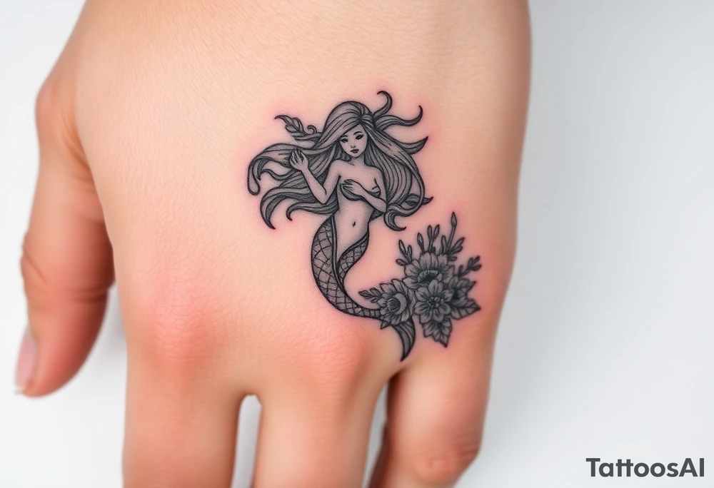 ethereal mermaid with flowing hair among coral and sea flowers tattoo idea