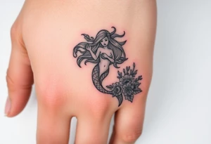 ethereal mermaid with flowing hair among coral and sea flowers tattoo idea