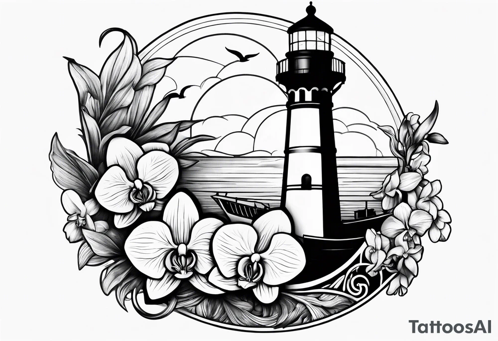 Lighthouse and an anchor and orchids tattoo idea