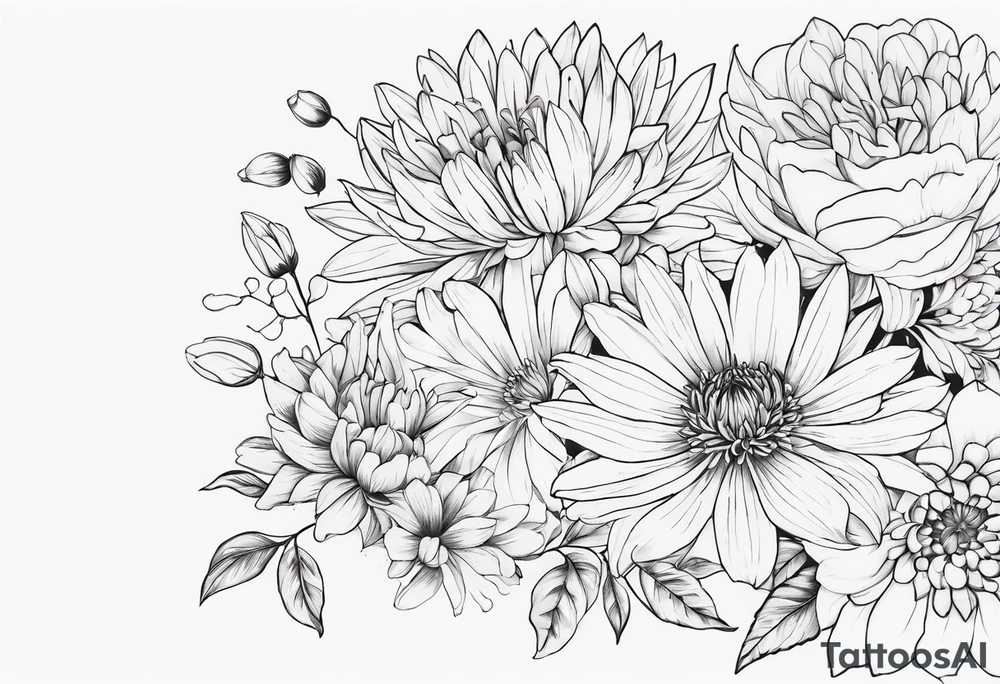 Asters, roses, Lillies, chrysanthemums in a stretched line tattoo idea