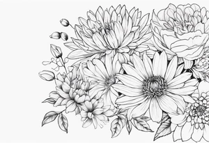 Asters, roses, Lillies, chrysanthemums in a stretched line tattoo idea
