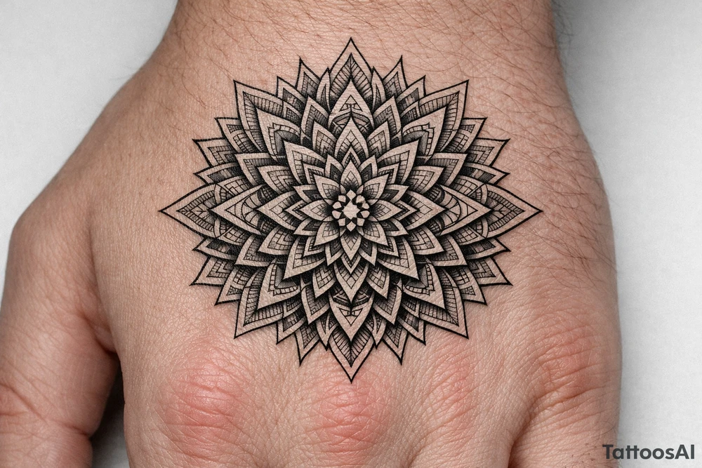 Geometric mandala extension — continuing an existing hand mandala outward with linework petals, sacred-geometry fillers and dotwork shading into the empty skin., Blackwork / geometric dotwork, fine linework, symmetrical mandala style tattoo idea