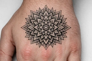 Geometric mandala extension — continuing an existing hand mandala outward with linework petals, sacred-geometry fillers and dotwork shading into the empty skin., Blackwork / geometric dotwork, fine linework, symmetrical mandala style tattoo idea