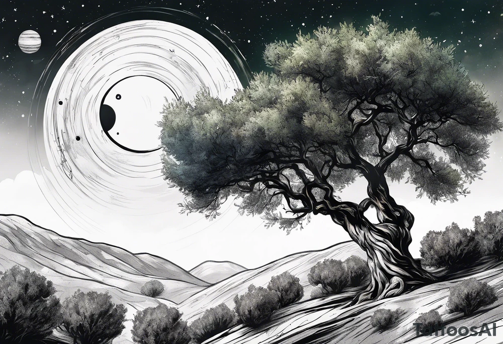 An olive tree with a black hole in the background and a small Saturn-like planet in it. tattoo idea