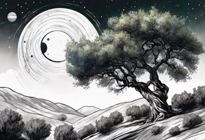 An olive tree with a black hole in the background and a small Saturn-like planet in it. tattoo idea