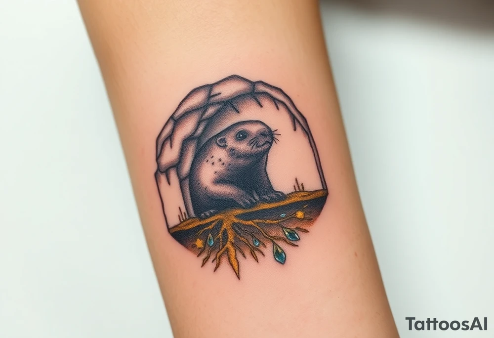 A mole depicted in underground tunnel in a cross-section with dark brown soil, golden roots, and hidden gems sparkling in the earth tattoo idea