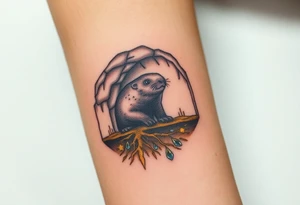 A mole depicted in underground tunnel in a cross-section with dark brown soil, golden roots, and hidden gems sparkling in the earth tattoo idea