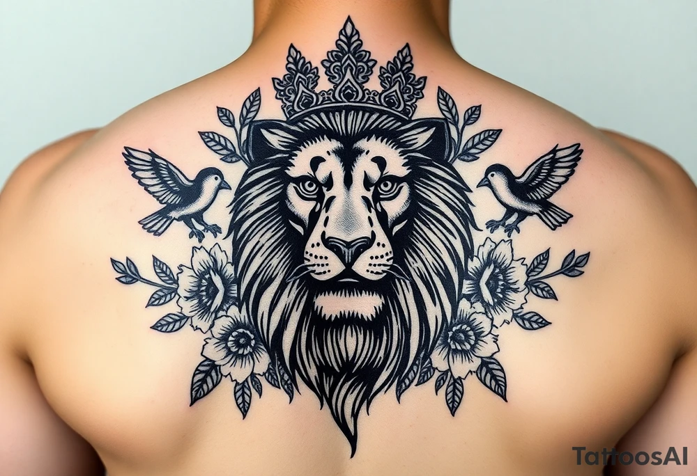 powerful majestic lion with a crown, surrounded by floral ornaments and birds tattoo idea