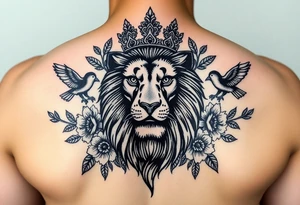 powerful majestic lion with a crown, surrounded by floral ornaments and birds tattoo idea