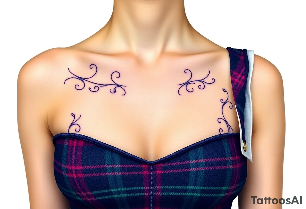 Chest 
Dark Purple with green pink blue and white highlights tartan fabric with skin around edges peeling and wrapping around side of shoulder tattoo idea