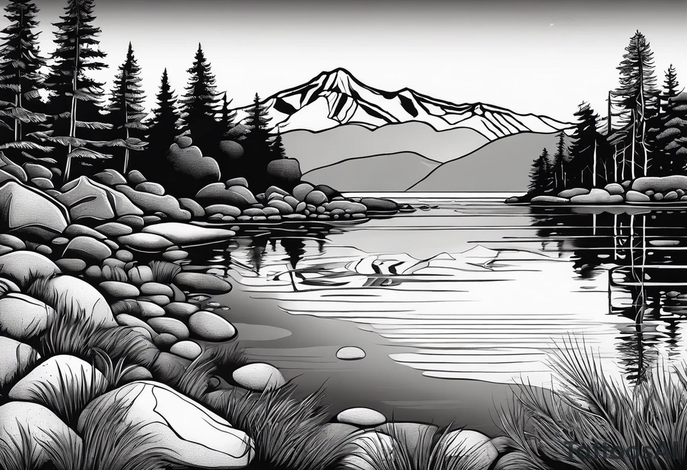 shoulder/upper arm design. pebble beach on a lakefront with a lake surrounded by tall trees and a mountain backdrop. Has reflections across the lakewater tattoo idea