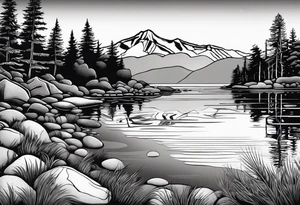 shoulder/upper arm design. pebble beach on a lakefront with a lake surrounded by tall trees and a mountain backdrop. Has reflections across the lakewater tattoo idea
