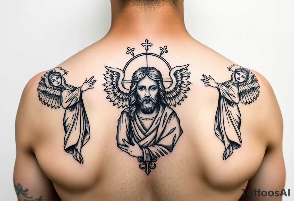 russian orthodox symmetrical guardian angel icon on left and right side of back with both angels holding up a jesus potrait tattoo idea