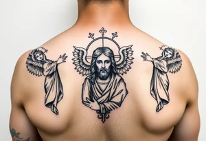 russian orthodox symmetrical guardian angel icon on left and right side of back with both angels holding up a jesus potrait tattoo idea