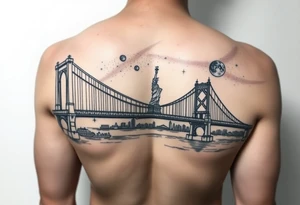 Create a tattoo of the brooklyn bridge 
Have a galaxy in the sky with planets and stars add color 
Add the Statue of Liberty in the water tattoo idea