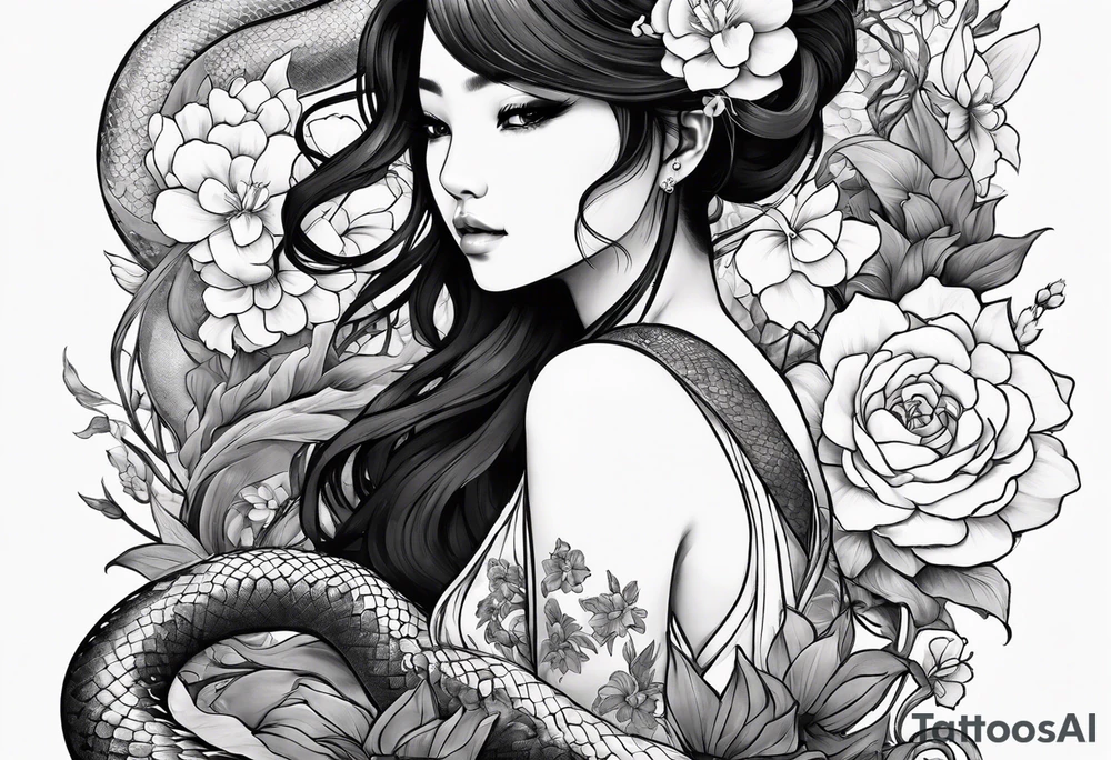 a profile of a girl sitting sideway, sitting on a asian snake surrounded by flowers tattoo idea