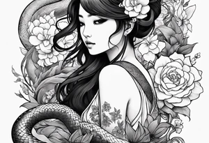 a profile of a girl sitting sideway, sitting on a asian snake surrounded by flowers tattoo idea