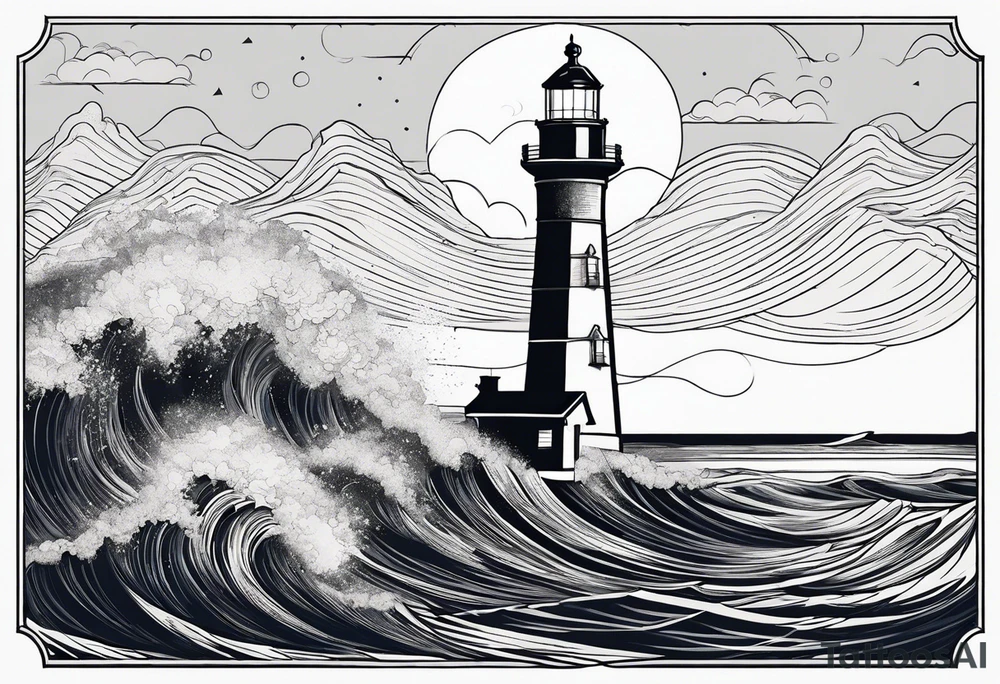 lighthouse in very fine line with a rough sea tattoo idea