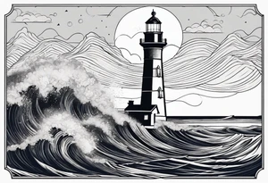 lighthouse in very fine line with a rough sea tattoo idea