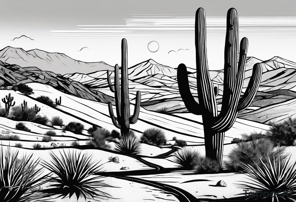 Running through desert with two cacti, road and numbers 13.1 tattoo idea