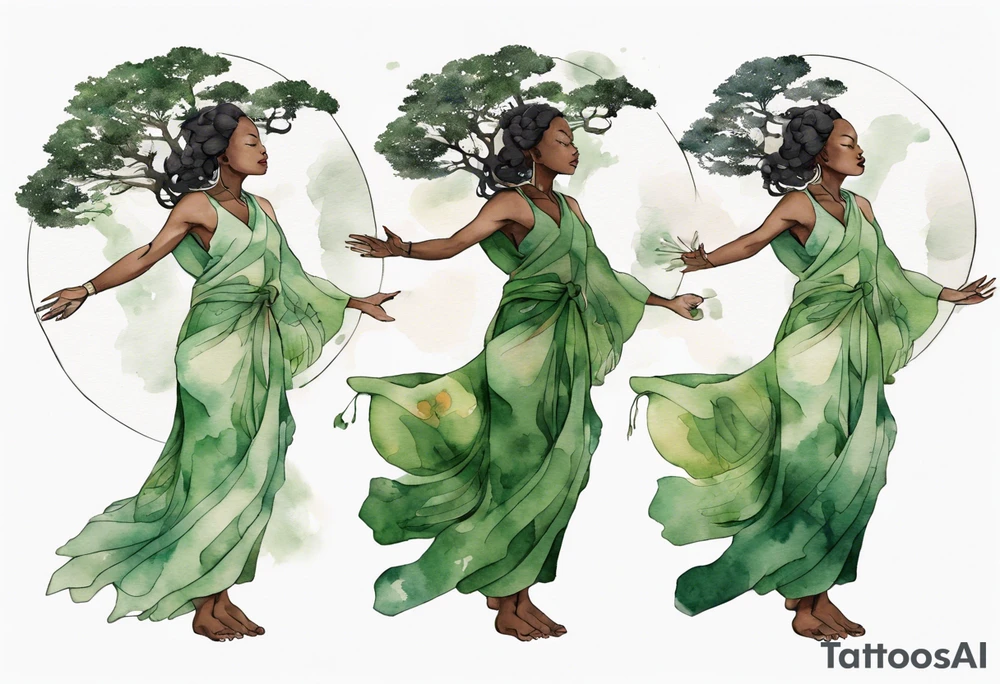 a tree that turns into a black woman reaching with her arms towards the sun, wearing a green tunic tattoo idea