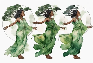 a tree that turns into a black woman reaching with her arms towards the sun, wearing a green tunic tattoo idea