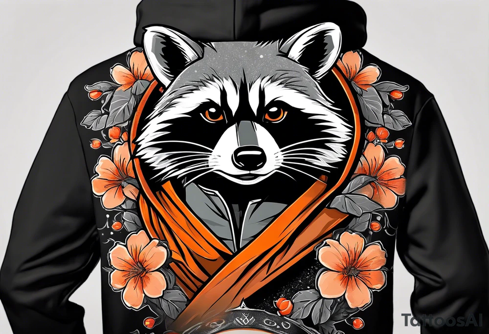 Raccoon wearing a white Superman logo on a black hoodie and orange Japanese cherry blossoms beside tattoo idea