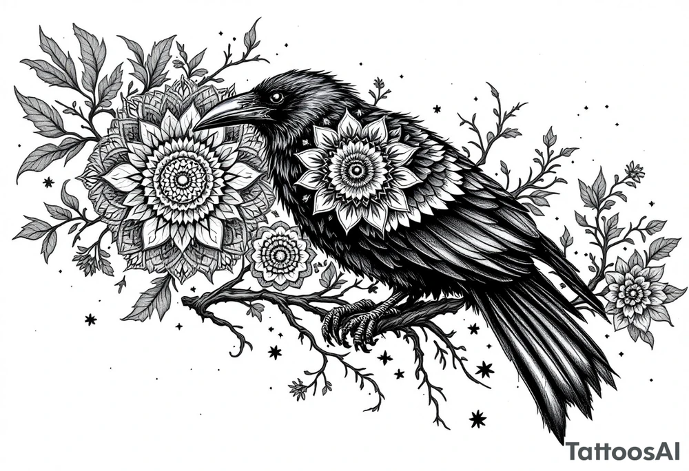 left arm tattoo of a raven mandala on a branch surrounded by mandala tattoo idea