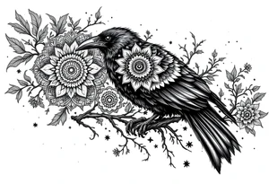 left arm tattoo of a raven mandala on a branch surrounded by mandala tattoo idea