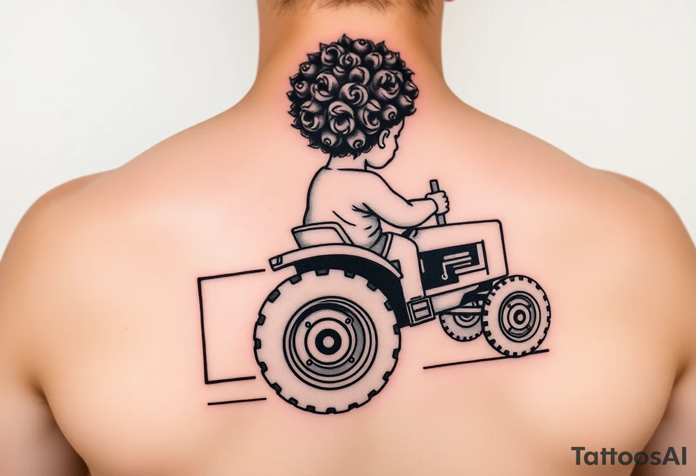 Realistic minimalist back view of curly headed toddler son riding a toy tractor with a geometric frame tattoo idea