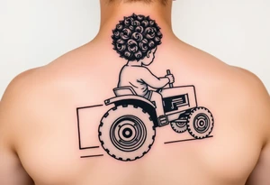 Realistic minimalist back view of curly headed toddler son riding a toy tractor with a geometric frame tattoo idea