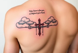 Red and black ink  tattoo on left inner arm with bible verse background clouds and 3 crosses one red in the middle of wrist  under a chosen wrist tattoo before the hand/palm tattoo idea