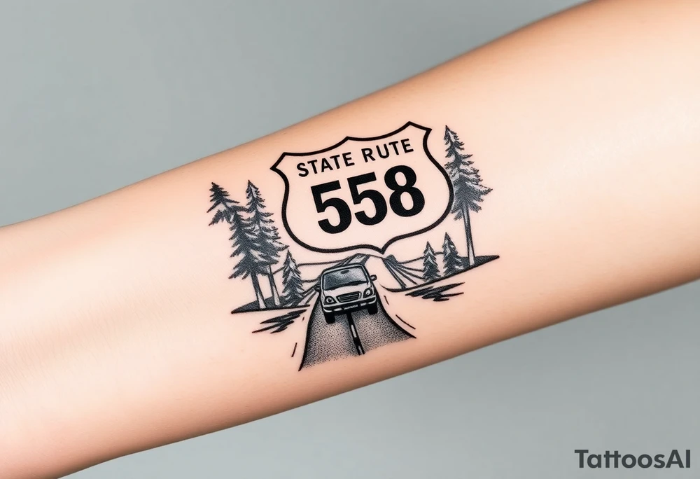 small State Route sign 558, with trees all around and a farm in background, road with a car scenic tattoo idea
