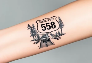 small State Route sign 558, with trees all around and a farm in background, road with a car scenic tattoo idea