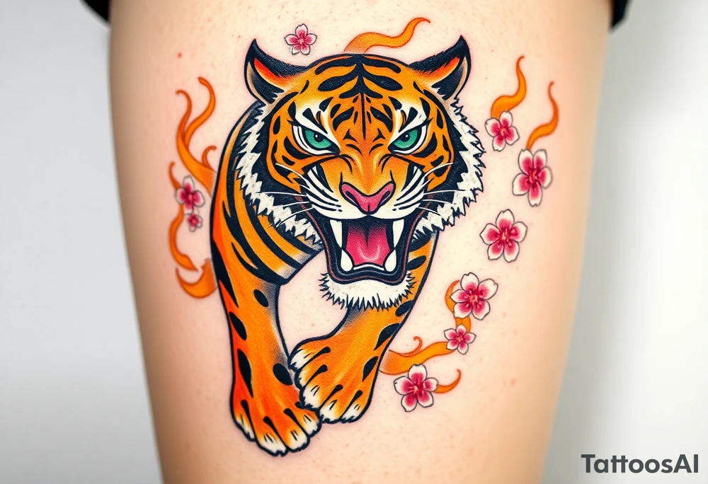 A fierce and majestic tiger, mid-roar, with piercing emerald-green eyes and bold orange-and-black striped fur. Surrounding the tiger are swirling golden flames, cherry blossom petals in soft pink and white float around. tattoo idea