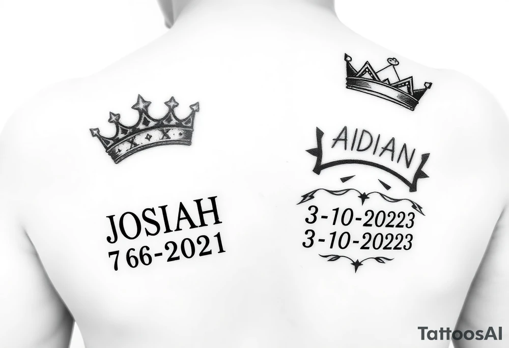 2 year old boy with new bown baby with little princess crowns with the names JOSIAH 7-6-2021 in roman numerals & the your boy with the name ADIAN IN SIDE CROWN 3-10-2023 IN roman numerals tattoo idea