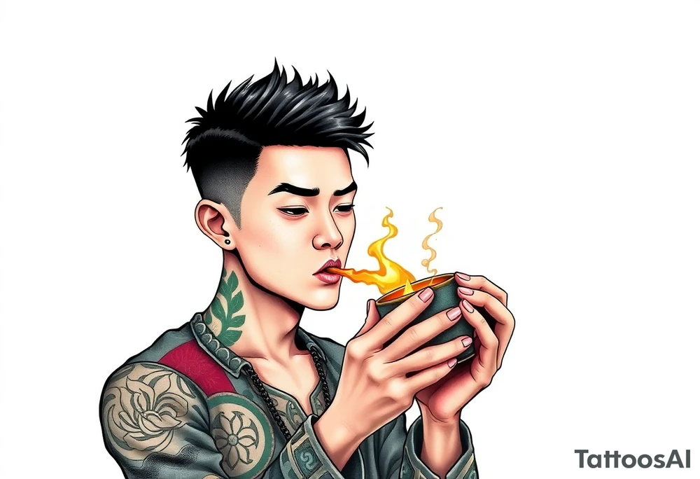 Handsome Asian young guy is drinking from ancient cup tattoo idea