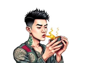 Handsome Asian young guy is drinking from ancient cup tattoo idea