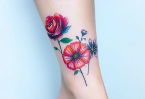 a vibrant, watercolor tattoo with one rose, one lily, one marigold, and one cosmos flower tattoo idea
