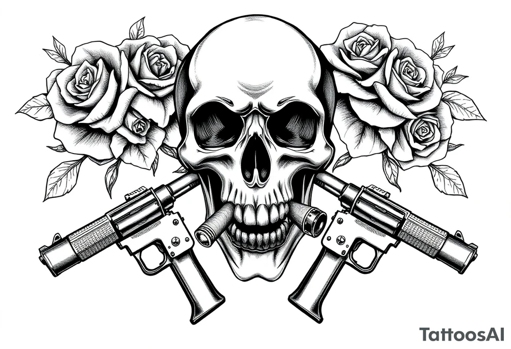 A skull with a cigar, surrounded by thorny roses and crossed pistols. tattoo idea