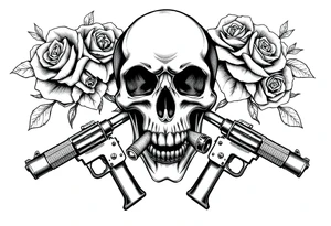 A skull with a cigar, surrounded by thorny roses and crossed pistols. tattoo idea