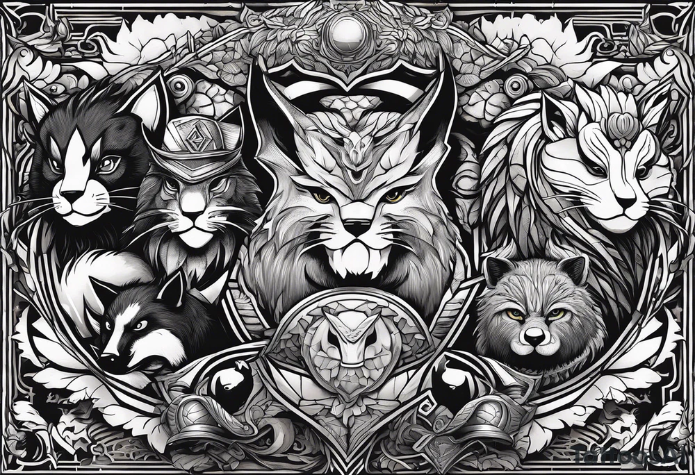 a super hero team which is combination of animals.
One is Badger/Wolverine One is Bull One is Wolf One is Axolotl One is Canary One is Lizard One is Cat tattoo idea