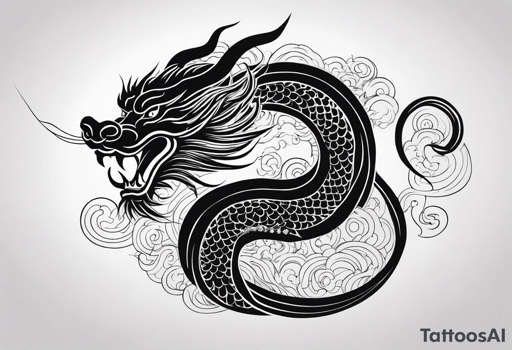 Create a detailed sketch of a Chinese dragon tattoo. The dragon should be depicted in a dynamic, serpentine pose, with its body coiled and flowing gracefully. Emphasize its ornate features: long, sinuous body covered in intricate scales, powerful claws, and a fierce, expressive face with prominent whiskers and a beard. Include traditional Chinese elements like clouds or waves to enhance the composition. Use clean lines and bold shading to ensure the design is suitable for a tattoo, with a focus on capturing the dragon's majestic and mythical qualities tattoo idea