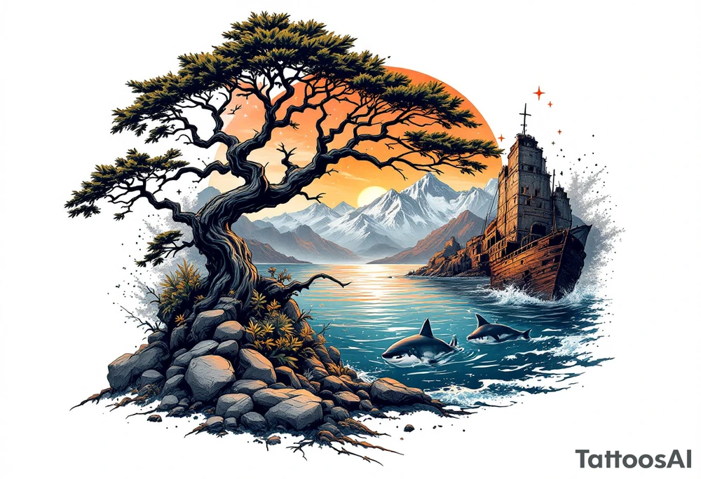 tattoo that has an acacia tree with mountains, ocean with a ship wreck with sharks and the northern star tattoo idea