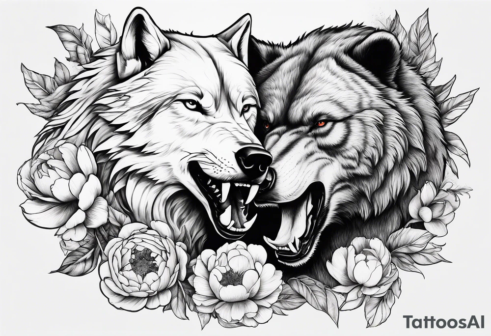 Wolf fighting with bear with peonies and smoke tattoo idea Wolf fighting with bear with peonies and smoke tattoo idea