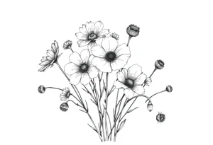 A cluster of wildflowers, with solid black shadows at the base and lighter stippling toward the petals. Some flowers in full bloom while some flowers dying, symbolizing the passage of time. tattoo idea