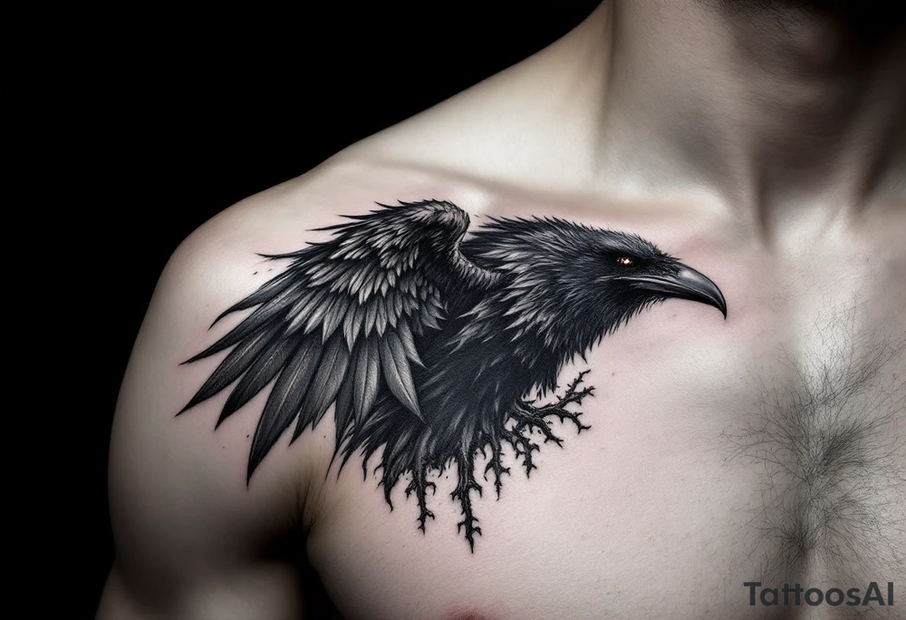 raven with wing extended onto chest tattoo idea